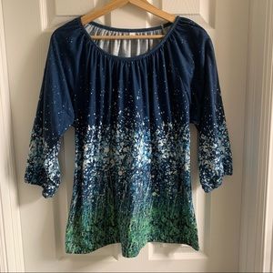 Abstract print boat neck sweatshirt, 3/4 length balloon sleeve